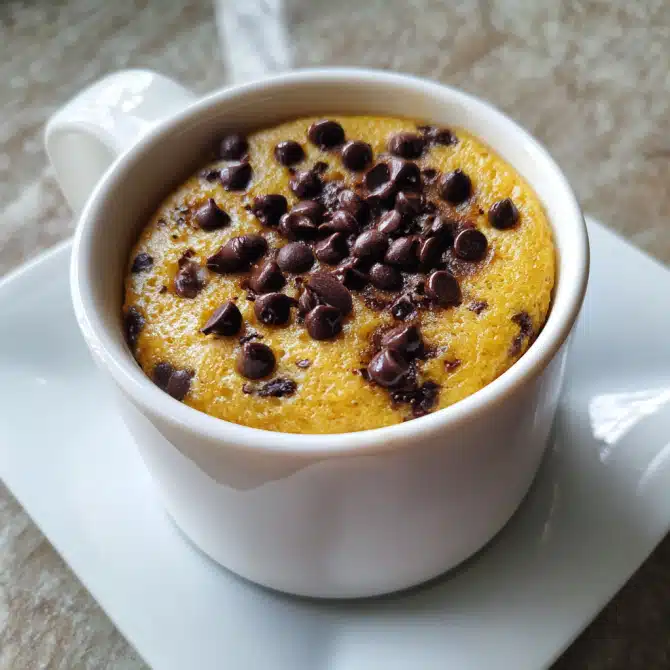 Pumpkin Chocolate Chip Mug Cake in white mug with whipped topping