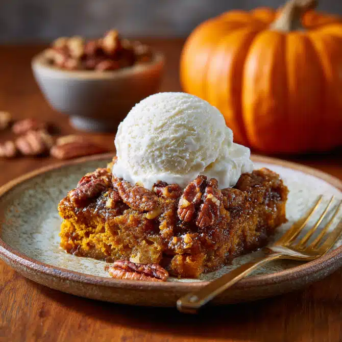 Slice of One-Bowl Pumpkin Dump Cake served with vanilla ice cream