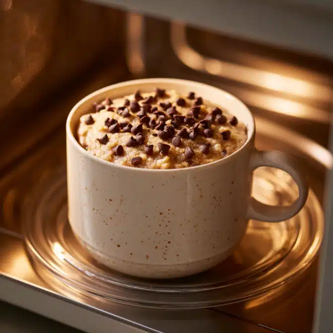Pumpkin chocolate chip mug cake batter in a mug inside the microwave