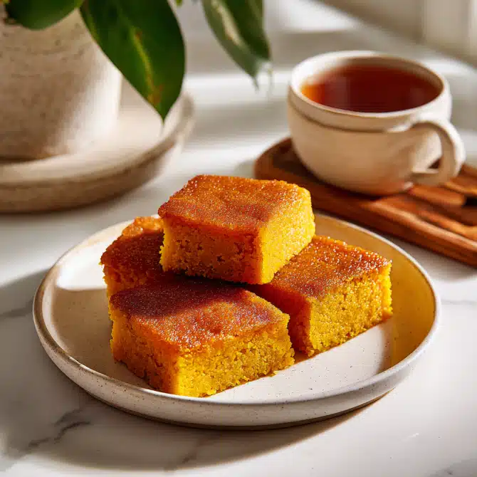 One-bowl Pumpkin Pie Butter Mochi on a white plate in a cozy kitchen with natural window light