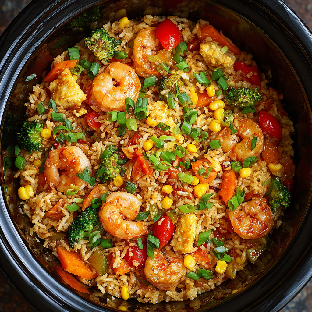 Rainbow Fried Rice (One-Pot Rice Cooker Recipe) – Easy, Healthy, and Colorful Meal 6 Rainbow Fried Rice (one-pot rice cooker recipe) with shrimp, eggs, and colorful vegetables in rice cooker