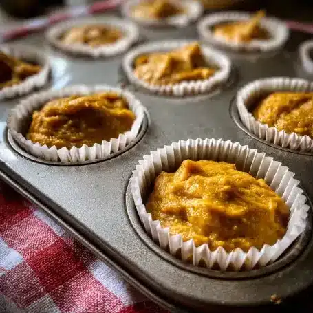 Raw 2-Ingredient Pumpkin Spice Muffin batter in paper liners before baking