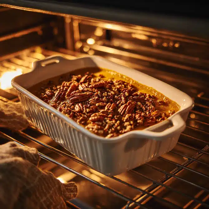 Raw One-Bowl Pumpkin Dump Cake topped with spice cake mix and pecans going into the oven