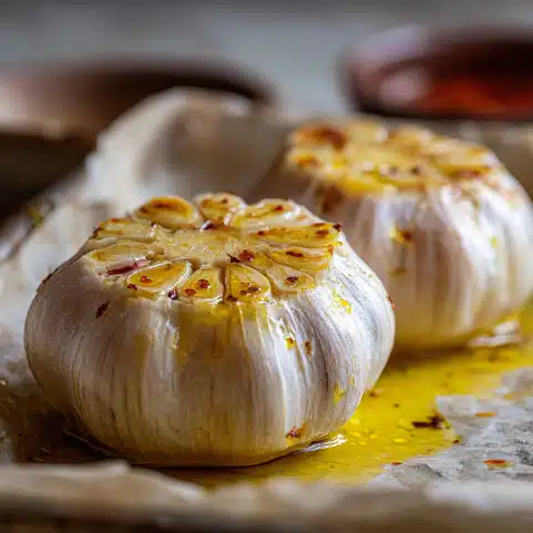 Roasted Garlic Soup – The Perfect Comfort Food Recipe 5 Fresh garlic bulbs prepared for roasting with olive oil