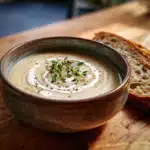 Roasted Garlic Soup – The Perfect Comfort Food Recipe 6 Roasted garlic soup in a rustic bowl with cream swirl and thyme