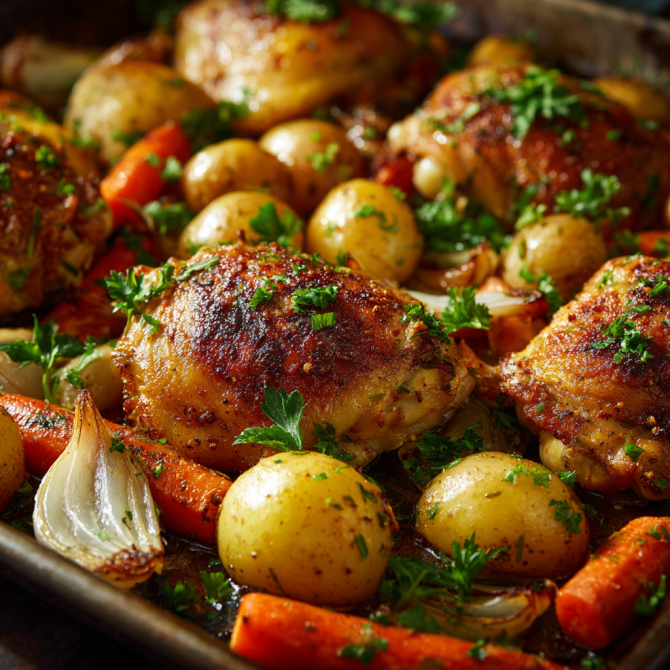 Roasted sheet pan chicken thighs recipe with potatoes, carrots, and onions