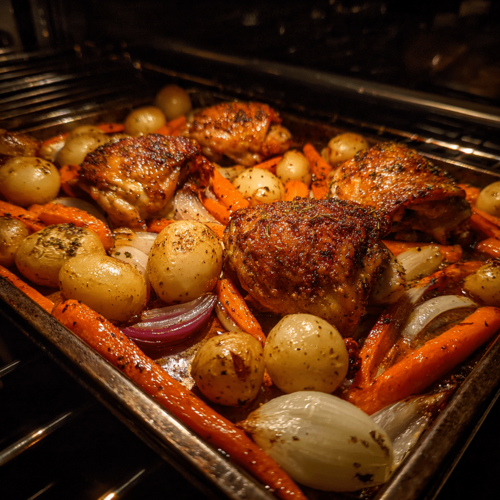Roasted Sheet Pan Chicken Thighs: Your Go-To One-Pan Family Meal 7 Chicken thighs roasting with vegetables on a sheet pan
