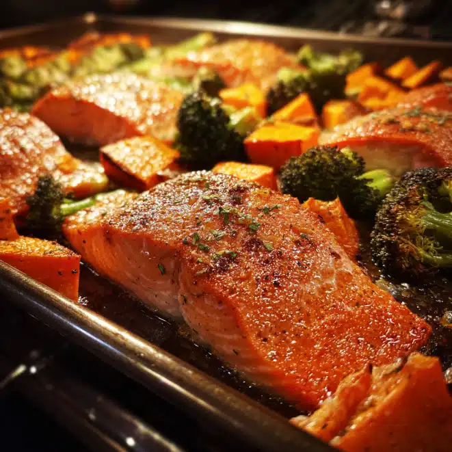 Sheet Pan Salmon and Veggies: The Perfect Guide to a Healthy One-Pan Meal 7 Salmon and vegetables roasting in oven on sheet pan