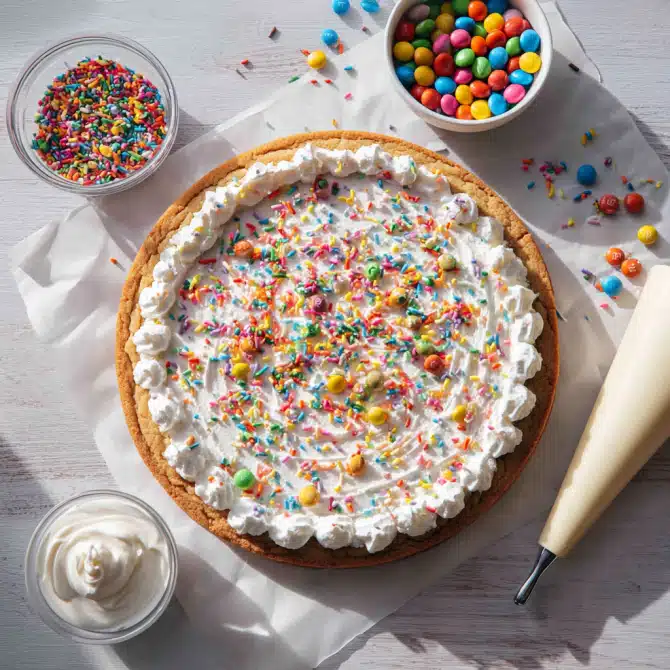 Sheet Pan Cookie Cake (for Kids Birthday Parties) 5 Round cookie cake with visible chocolate chips, surrounded by a bowl of colorful sprinkles, a bowl of M&Ms, and a large-tipped piping bag of cream