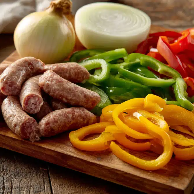 Sheet Pan Sausage and Peppers – The Best One-Pan Meal for Busy Nights 5 Fresh sausage and peppers ingredients before cooking