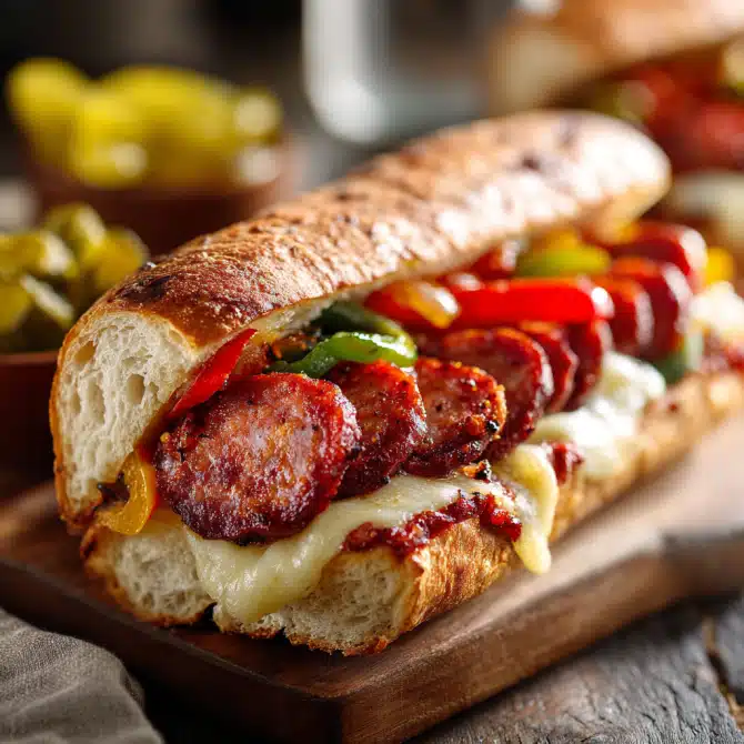 Sheet Pan Sausage and Peppers – The Best One-Pan Meal for Busy Nights 8 Sausage and peppers sandwich with melted cheese