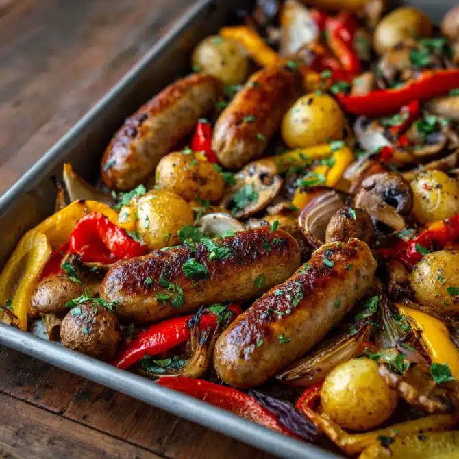 Sheet Pan Sausage and Peppers – The Best One-Pan Meal for Busy Nights 7 Sheet pan sausage and peppers with mushrooms and potatoes