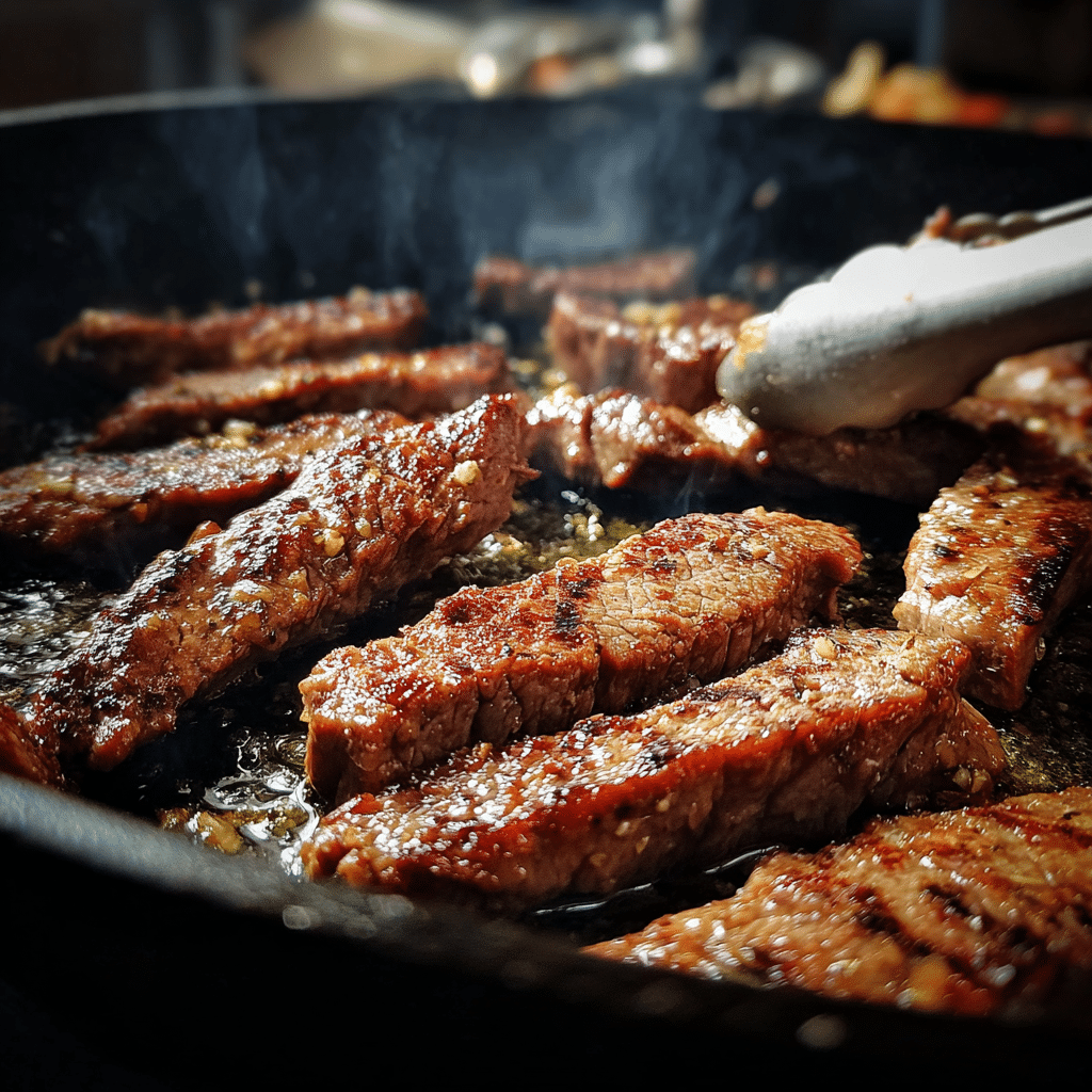 One Pan Pepper Steak Recipe for Quick and Easy Dinners 5 searing steak strips in a skillet with olive oil