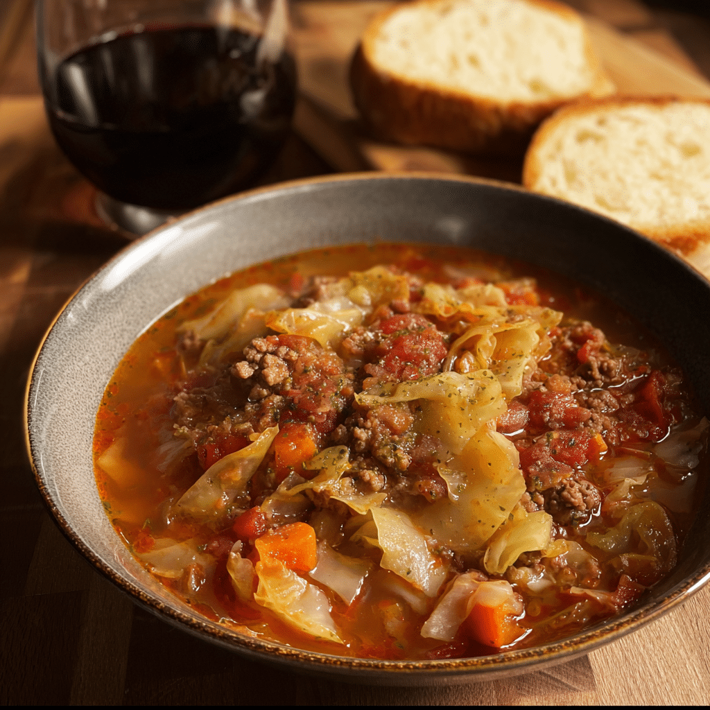 Ground Beef and Cabbage Soup: A Hearty, Healthy Comfort Meal 6 Ground beef and cabbage soup served with bread