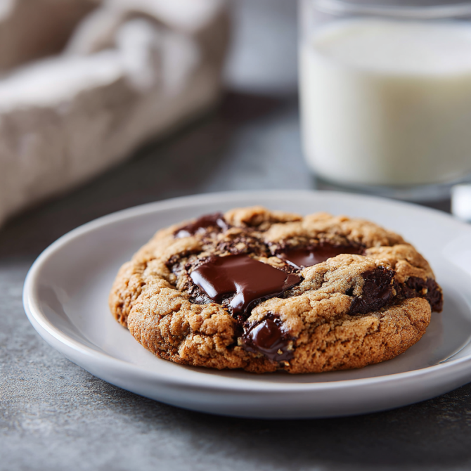 one bowl chocolate chunk cookies with glass of milk