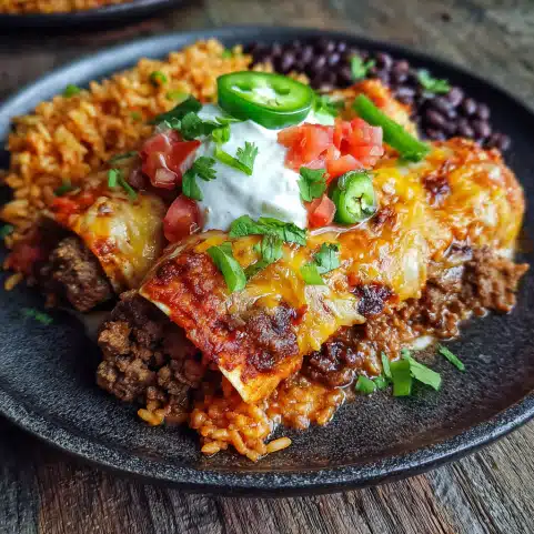 One Pan Cheesy Ground Beef Enchiladas – Simple, Cheesy Comfort 8 Served One Pan Cheesy Ground Beef Enchiladas with rice and beans