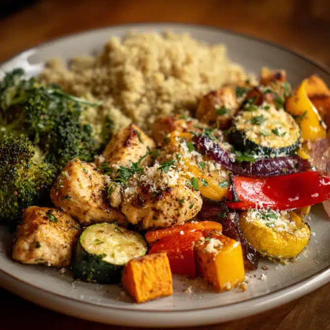Sheet Pan Chicken with Rainbow Vegetables – A Quick and Simple One-Pan Meal 8 serving of sheet pan chicken with rainbow vegetables and quinoa