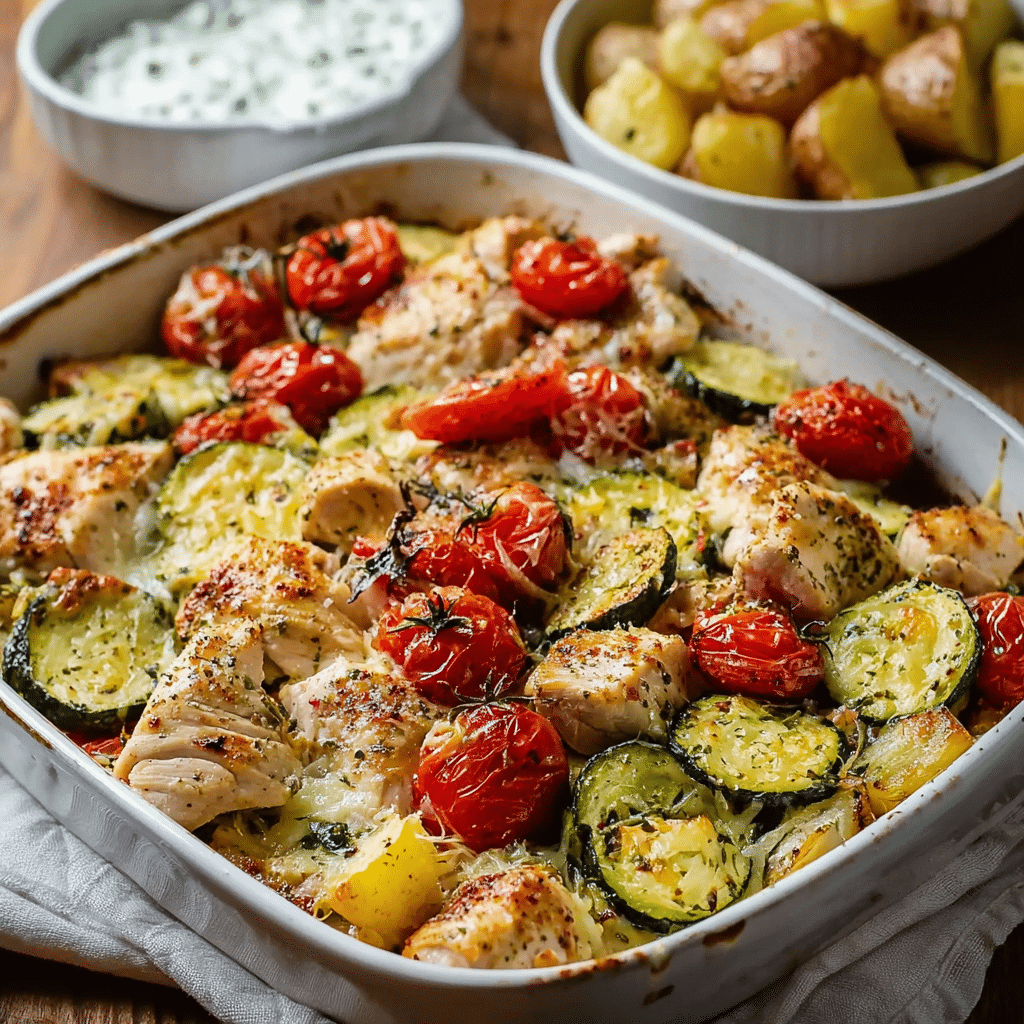 Sheet Pan Mediterranean Chicken Zucchini (Healthy & Easy One-Pan Dinner) 8 Serving Sheet Pan Mediterranean Chicken Zucchini with sides