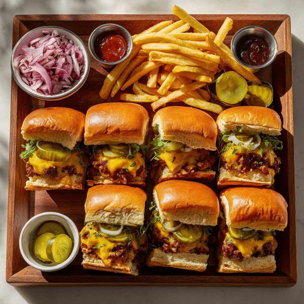 Sheet Pan Burger Sliders served with fries, pickles, and sauces