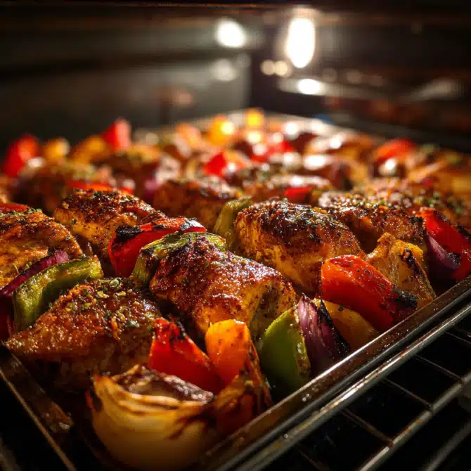 Sheet Pan Chicken Kebabs – Easy, Juicy, and Full of Flavor 7 sheet pan chicken kebabs broiling in oven.