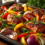 Sheet Pan Chicken Kebabs – Easy, Juicy, and Full of Flavor 6 sheet pan chicken kebabs with vegetables and parsley