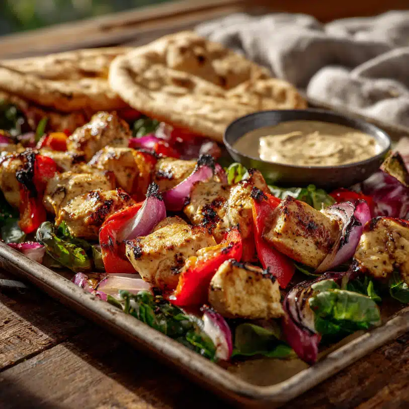 Sheet Pan Chicken Kebabs – Easy, Juicy, and Full of Flavor 8 serving sheet pan chicken kebabs with pita and salad