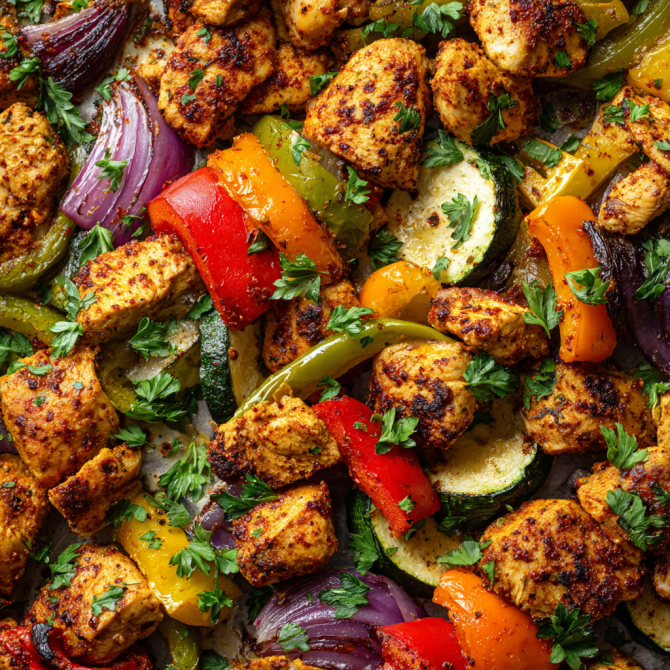 Sheet pan chicken kebabs recipe with roasted peppers, zucchini, and onions