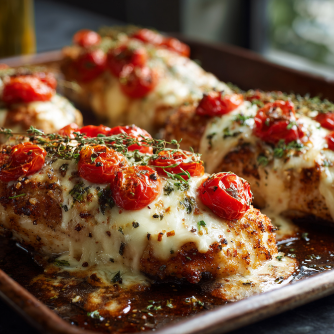 Sheet pan chicken parmesan recipe topped with melted cheese and roasted cherry tomatoes