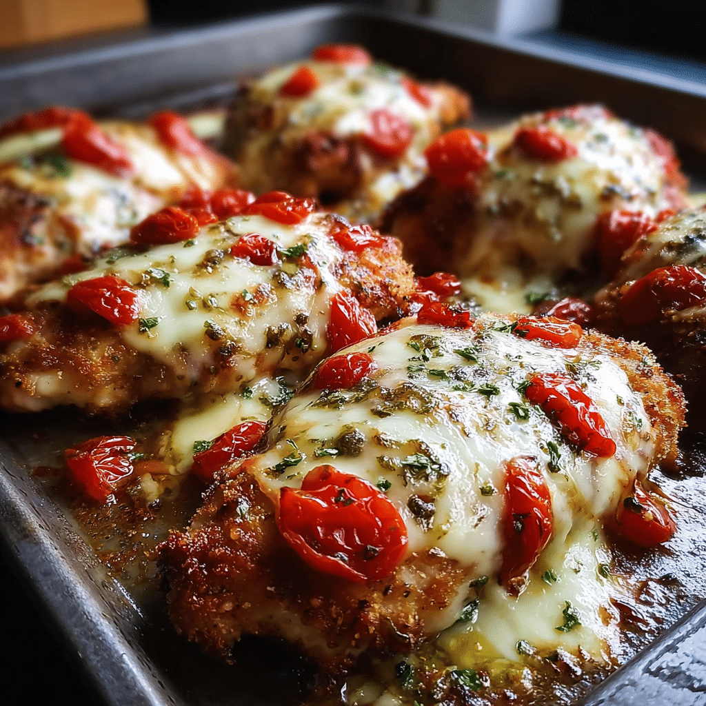 The Best Sheet Pan Chicken Recipes for Effortless Weeknight Dinners 6 Crispy baked sheet pan chicken parmesan with melted cheese and tomato sauce