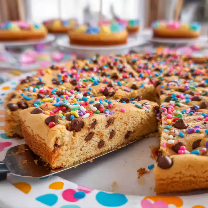 Sheet Pan Cookie Cake (for Kids Birthday Parties) 8 Sheet Pan Cookie Cake for kids birthday parties being sliced into squares