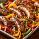 Sheet Pan Sausage and Peppers – The Best One-Pan Meal for Busy Nights 6 Close-up of sheet pan sausage and peppers with roasted vegetables