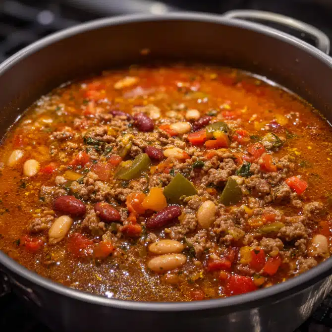Simmering high protein stuffed pepper soup in a pot on the stove