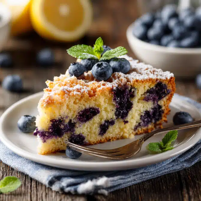 slice of round one-bowl lemon-blueberry cake on plate with fork
