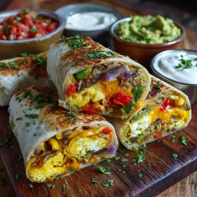 High Protein Breakfast Burritos (Sheet Pan for Meal Prep) – A Complete Guide to Easy, Delicious Batch Cooking 7 sliced high protein breakfast burritos showing colorful fillings