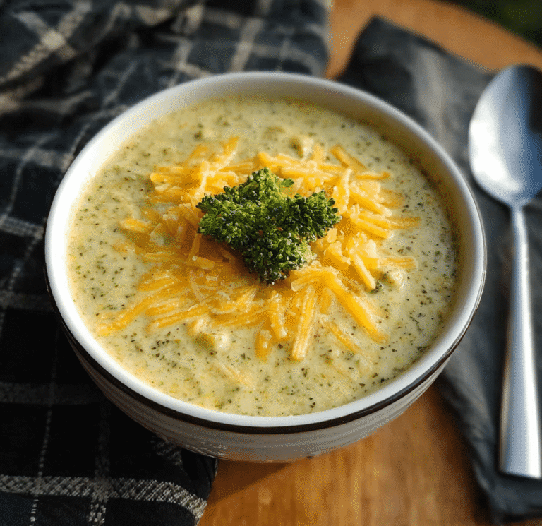 Slow Cooker Broccoli Cheese Soup in Rustic Bowl