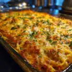 Spicy Southern Chicken Spaghetti Casserole baked with melted cheese