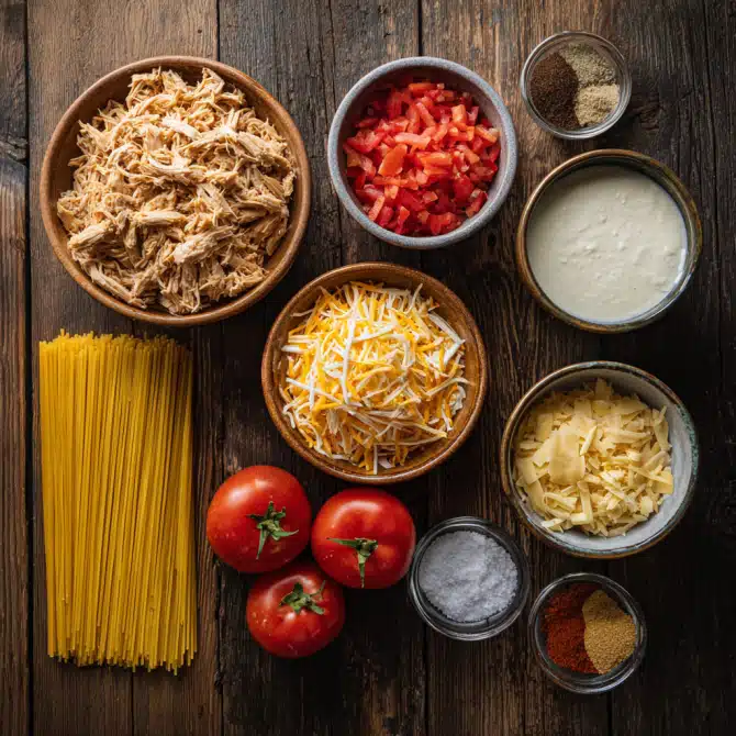 Ingredients for Spicy Southern Chicken Spaghetti Casserole laid out on a table