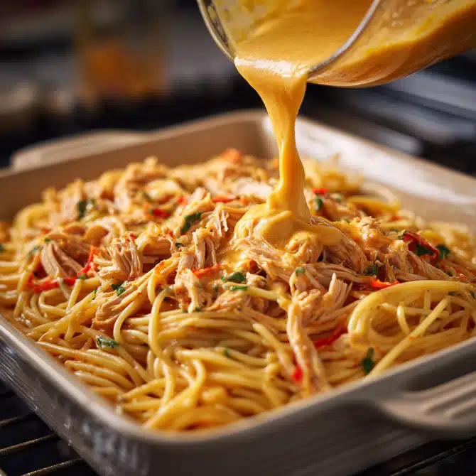 Preparing Spicy Southern Chicken Spaghetti Casserole before baking