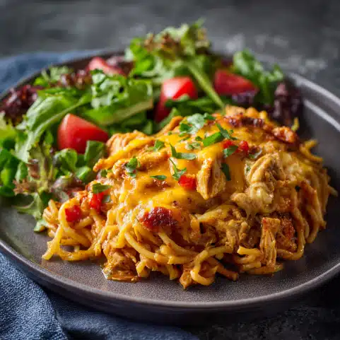 Serving of Spicy Southern Chicken Spaghetti Casserole with garlic bread