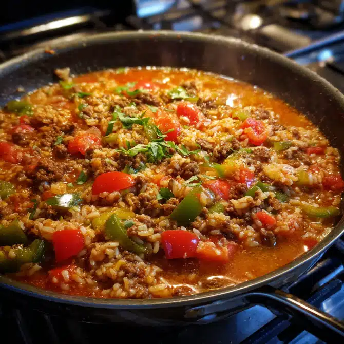 cooking one-pot stuffed pepper casserole on stove