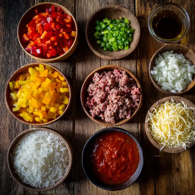 resh ingredients for one-pot stuffed pepper casserole