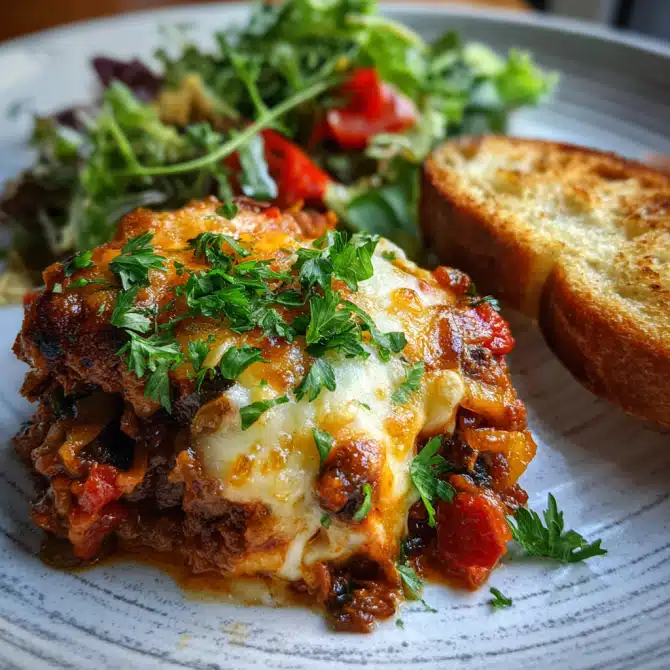 plated one-pot stuffed pepper casserole with salad