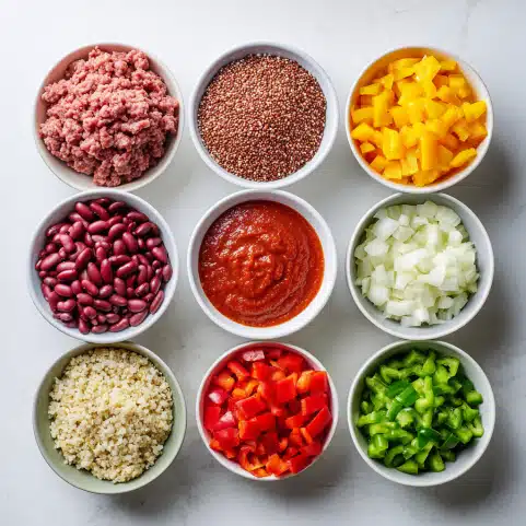 Ingredients for making high protein stuffed pepper soup at home