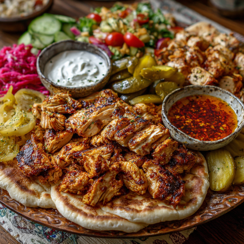 Chicken shawarma sheet pan dinner recipe with pita bread, pickles, and sauces