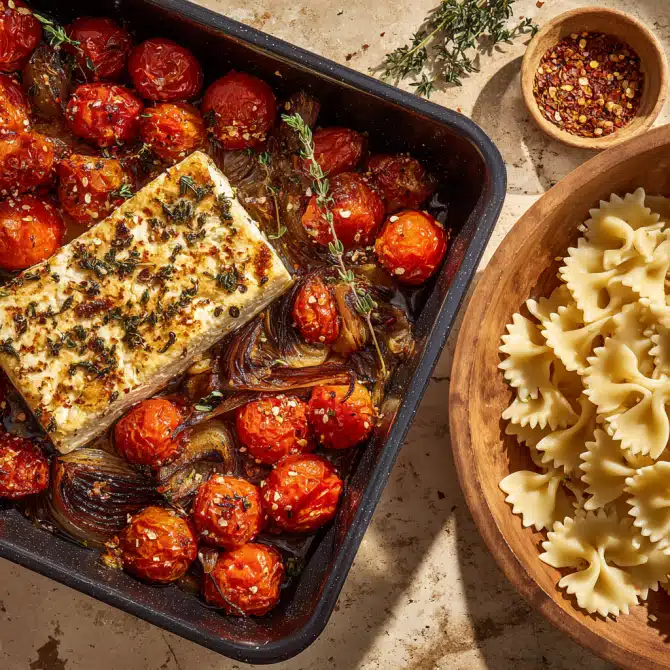 Baked feta and roasted tomatoes in a pan with a side of farfalle pasta