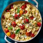 Finished TikTok One-Pot Feta Pasta with cherry tomatoes, bowtie pasta, and basil