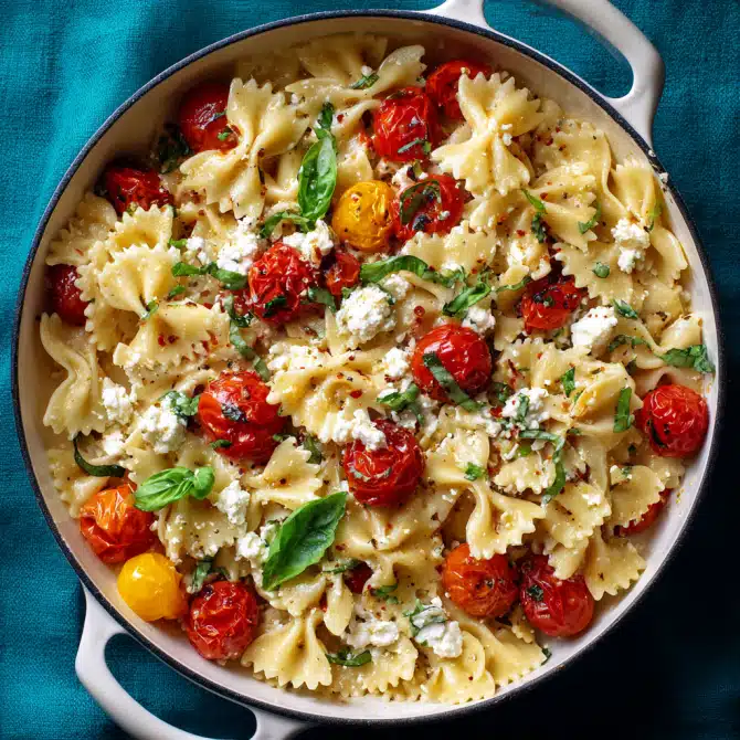 Finished TikTok One-Pot Feta Pasta with cherry tomatoes, bowtie pasta, and basil