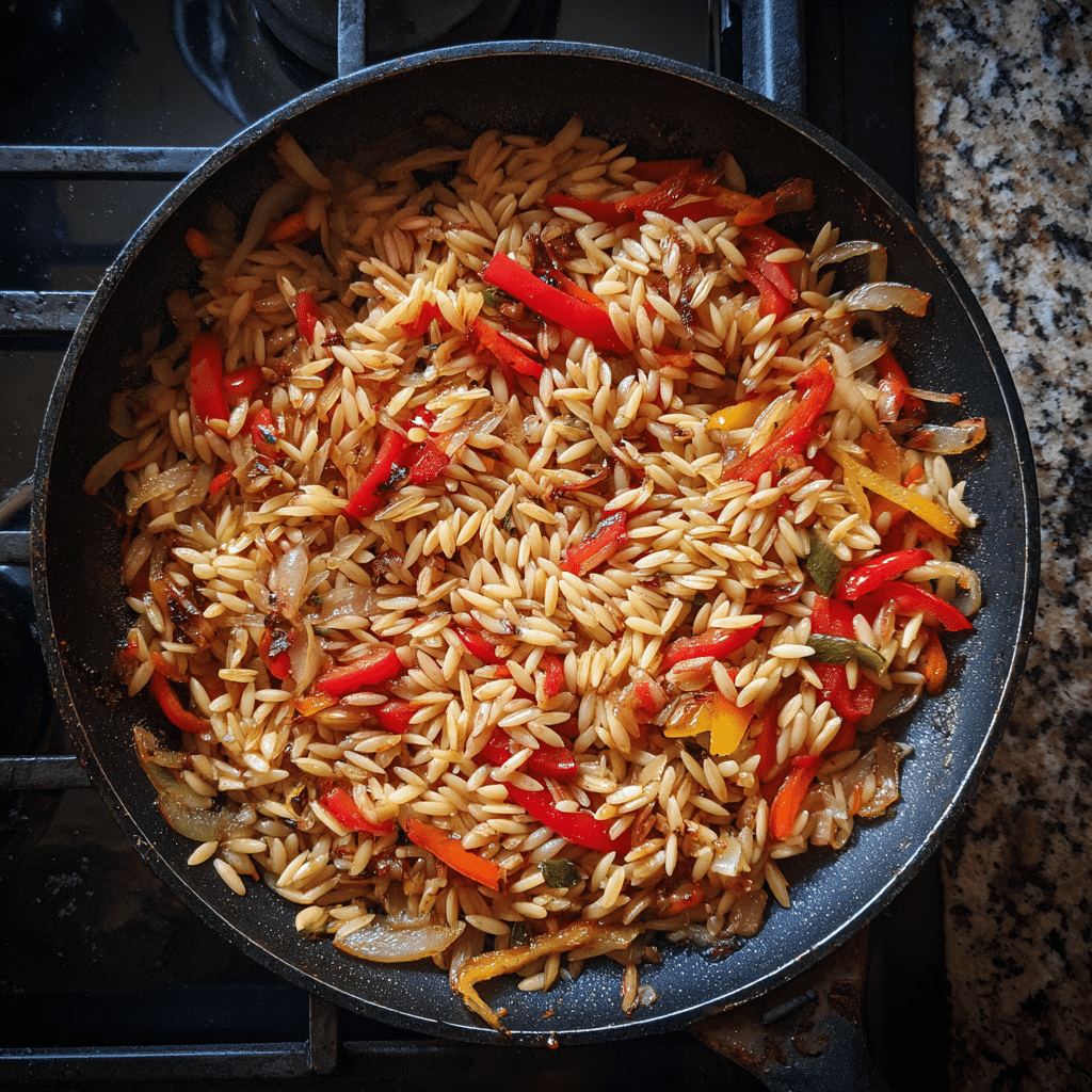 One Pan Lemon Feta Chicken and Orzo – Easy Mediterranean Dinner in One Skillet 6 Toasting orzo with veggies for lemon feta chicken skillet