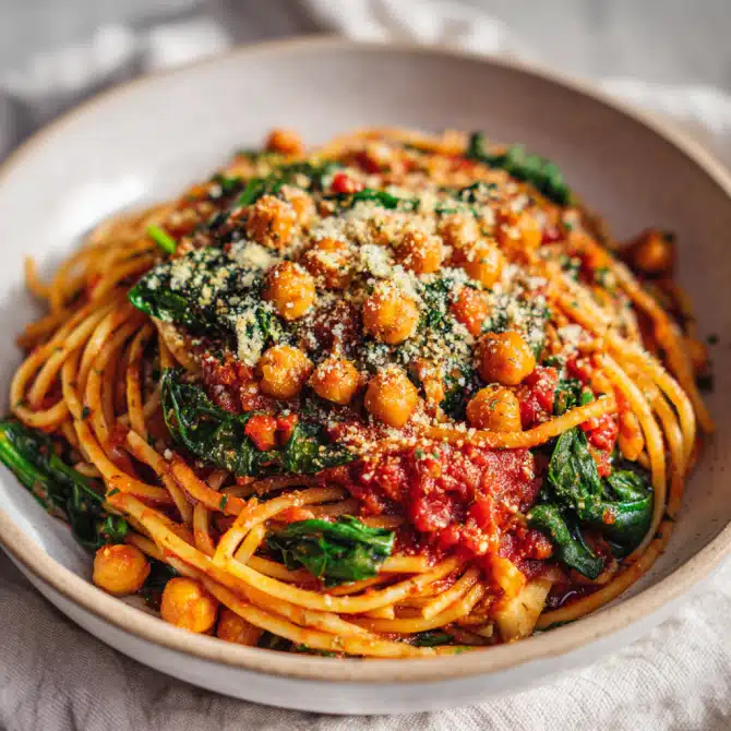 Vegan One-Pot Spaghetti with Marinara with spinach and chickpeas