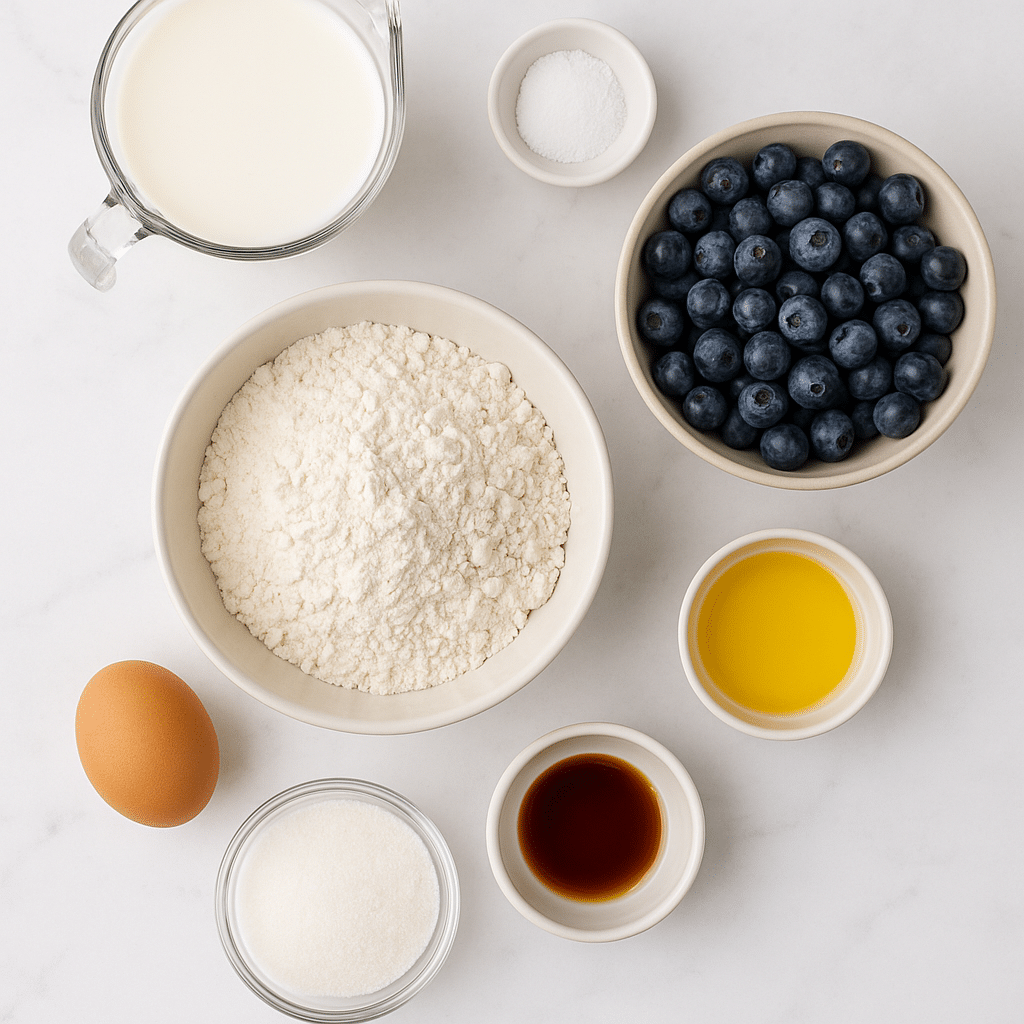 Ingredients for viral blueberry muffins in one bowl on wooden counter